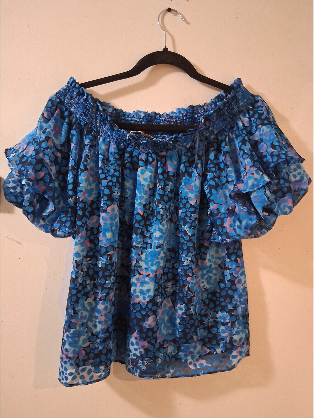 Ramy Brook Off-the-Shoulder Blue‎ Floral Blouse, Size M